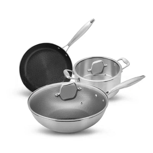 KTX-605139 Stainless Steel Kitchenware Set with 28cm Frypan, 24cm Fry Pan, 30cm Soup Pot, and Wok