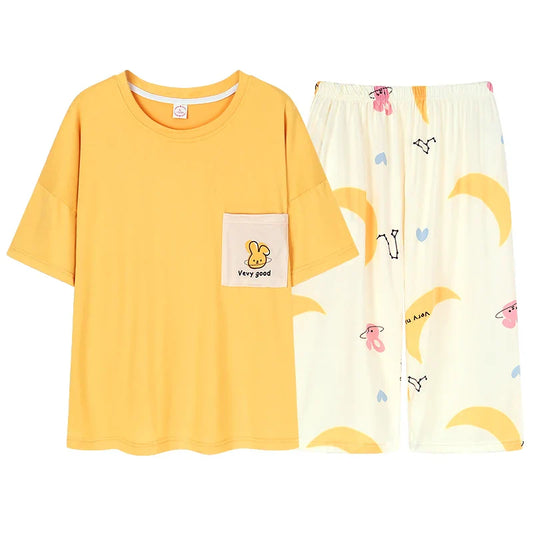 KTX-772115 Cartoon Women Pajamas Set Cotton Soft Sleepwear Pjs Short Sleeve Nightwear With Seven-point Pants