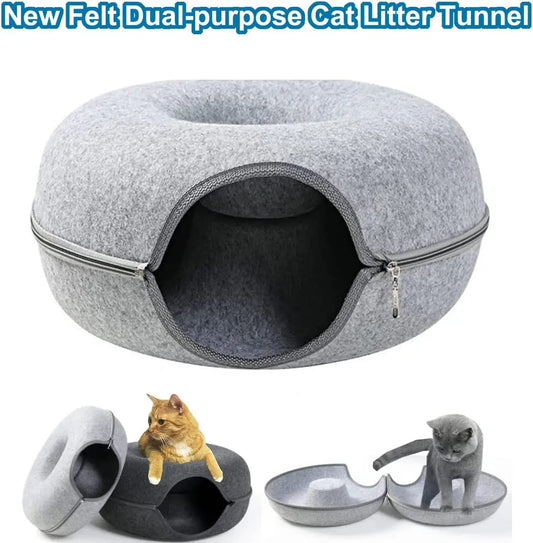 KTX-045587 Detachable and Washable Felt Cat Tunnel Bed - Cozy Donut Nest for Cats