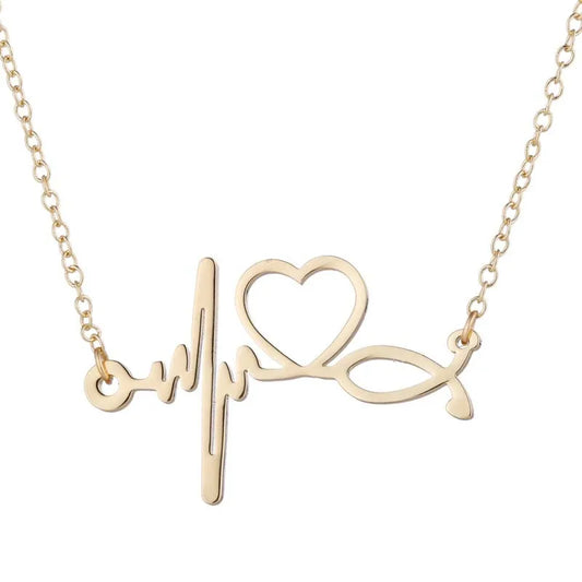 KTX-412819 Trendy Golden Clavicle Chain Necklace Heart Pendant Necklace Stethoscope Heartbeat Necklace for Women