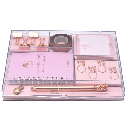 KTX-349011 Kids Stationery Set with Binder Clips, Notepad, Tape, and Paper Clips in Pink and Blue