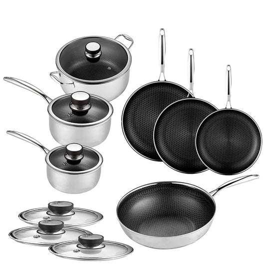 KTX-080851 13-Piece Stainless Steel Hybrid Cookware Set with Lids, 3-Ply Non-Stick Honeycomb Design