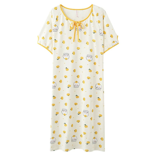 KTX-230867 Round Neck Cartoon Print Cute Home Dress Korean Style Nightdress Summer Lie Fallow Short Sleeves Cotton Women's Pajamas