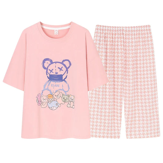 KTX-641043 Short-sleeved Seven-point Pants Set Two-piece Simple Sweet Pajamas All Cotton Home Wear Women's Summer Pajamas
