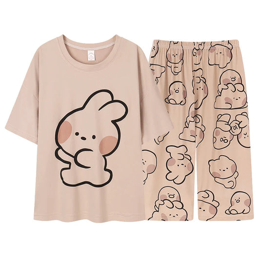 KTX-411667 Women's Pajama Set Short Sleeved and Cropped Pants Nighty With Pockets Sleepwear Cartoon Print Homewear