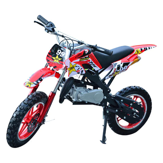 10in Mini 50cc 2-Stroke Off-Road Motorcycle for Kids with Disc Brakes and Chain Drive