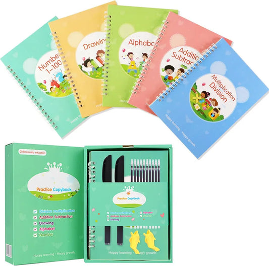 KTX-136595 Reusable Handwriting Practice Copybook for Kids - 5 Set Grooved Workbooks