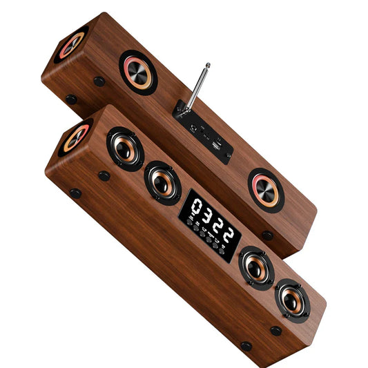 KTX-877779 Wooden Bluetooth Soundbar Speaker with FM Radio and Clock - 45W HIFI Stereo Music Surround for Outdoor Use