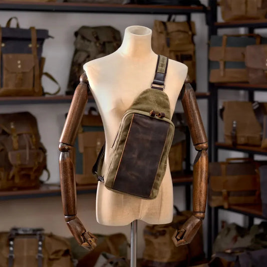 KTX-418899 Men's Waterproof Batik Canvas and Cowhide Crossbody Chest Bag for Outdoor Travel