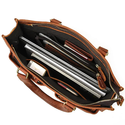 JMT-059274 Genuine Crazy Horse Leather Briefcase Tote for 14" Laptops - Retro Brown Messenger Bag