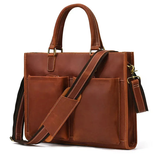 JMT-059274 Genuine Crazy Horse Leather Briefcase Tote for 14" Laptops - Retro Brown Messenger Bag