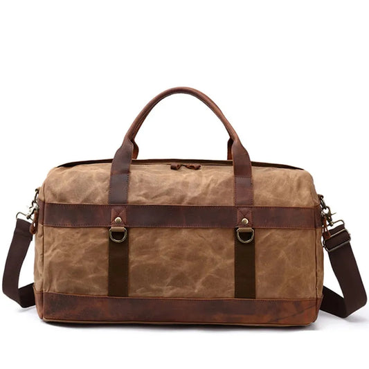 KTX-565971 Waterproof Waxed Canvas Duffel Bag with Full Grain Leather Accents – Large Capacity Travel and Sports Bag