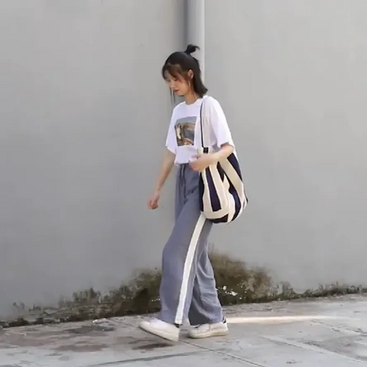 KTX-021267 Women's Striped Tote Bag – Casual Korean Handbag for Shopping and Everyday Use