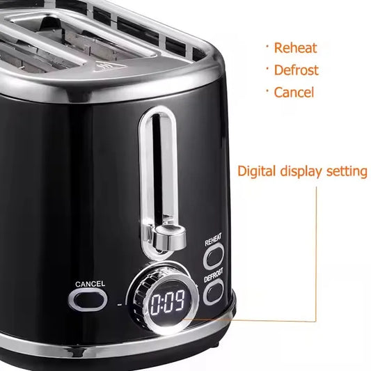 KTX-304659 900W Retro Digital 2-Slice Black Wide Toaster with Timer