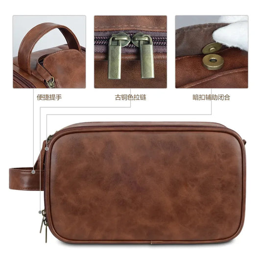 KTX-760275 Large Capacity PU Leather Men's Toiletry Bag - Retro Multifunctional Travel Storage