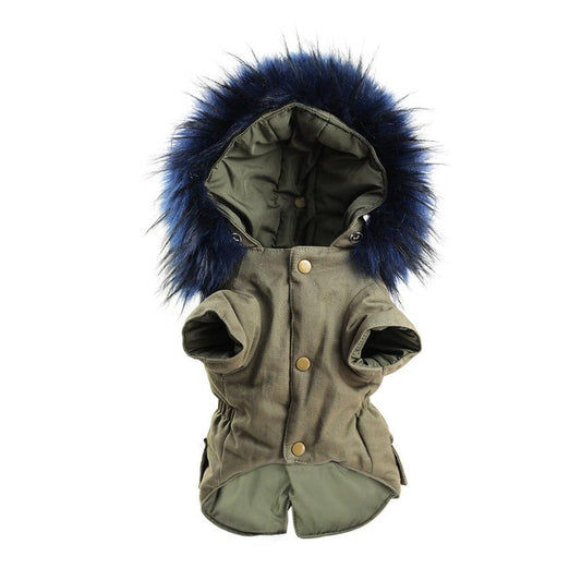 JMT-308298 Fur Collar Cotton Pet Outfit in Army Green and Navy Blue, Sizes S to XXL