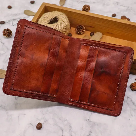 KTX-874387 Top Layer Cowhide Leather Wallet with Multiple Card Slots - Retro Vegetable Tanned Mini Wallet