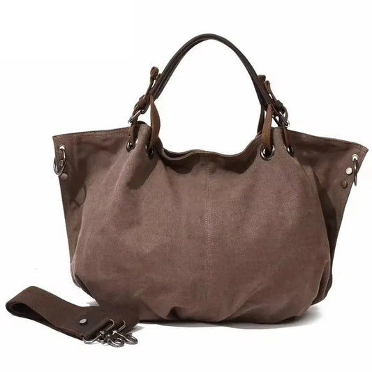 KTX-037075 Casual Leather Canvas Crossbody Handbag for Ladies with Zipper Closure