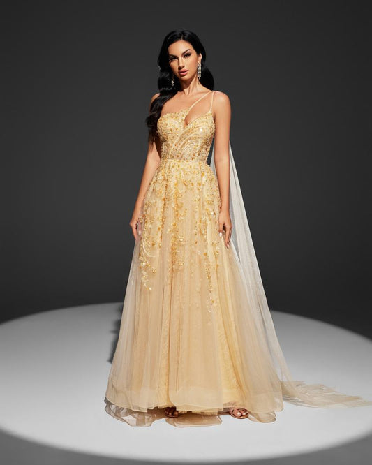 KTX-085139 Elegant Yellow Evening Gown for Women - Model EZ25003