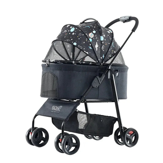 JMT-437386 Portable Double Brake One-Hand Fold Pet Stroller for Dogs and Cats