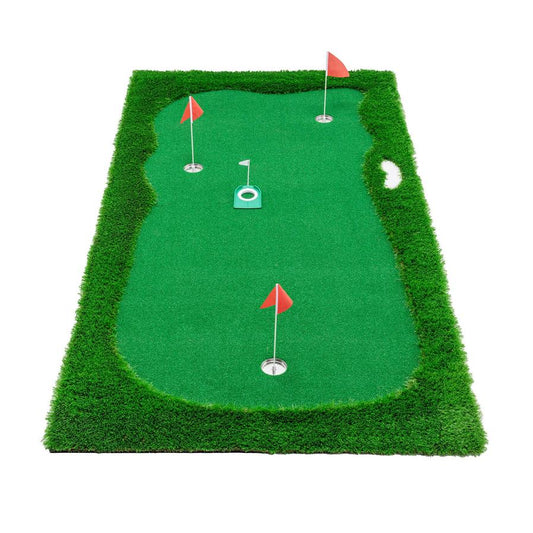 KTX-273491 Indoor Outdoor Golf Putting Green - 10x5 FT Training Mat with 3 Holes, Flags and Cups