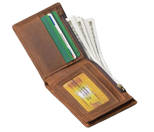 KTX-808851 Men's Cow Leather Zero Wallet - Multi-Card Short Wallet in Brown/Dark Brown, Genuine Leather with Retro Design