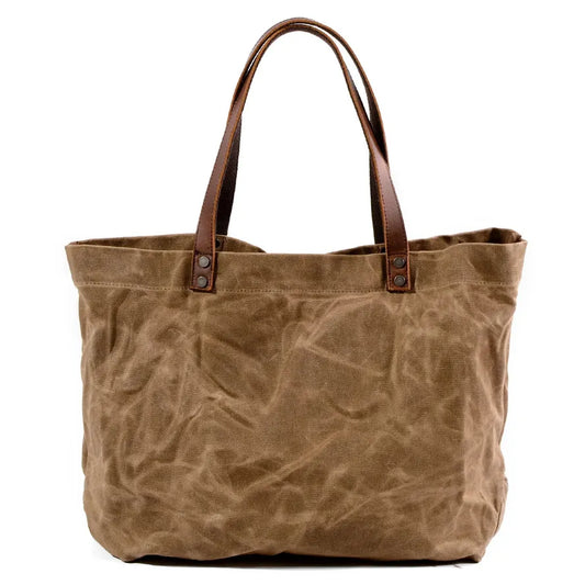 KTX-283411 Waterproof Wax Canvas Casual Shoulder Handbag with Cowhide Trim