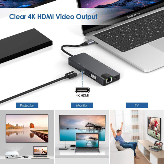 KTX-807699 USB-C Multiport Hub with HDMI, VGA, USB 3.0, SD/TF Card Reader and Gigabit Ethernet