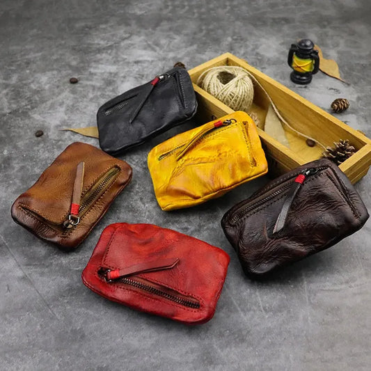 KTX-743315 Retro Style Genuine Leather Card Wallet for Students - Zipper Closure, Multi-Colour Options