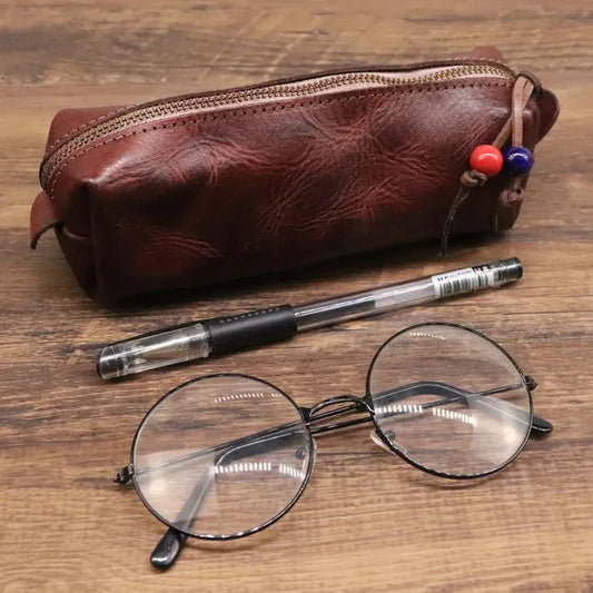 KTX-070995 Handmade Cowhide Large Capacity Zipper Storage Bag for Glasses and Accessories
