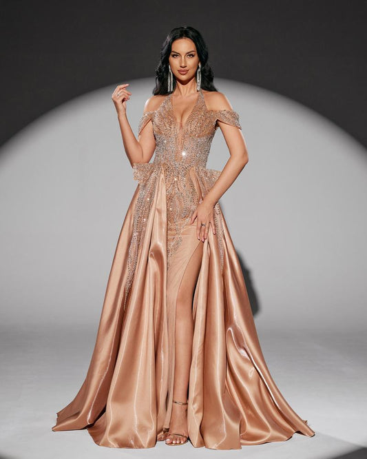 KTX-010707 Elegant Golden Evening Dress for Women - Style EZ25218