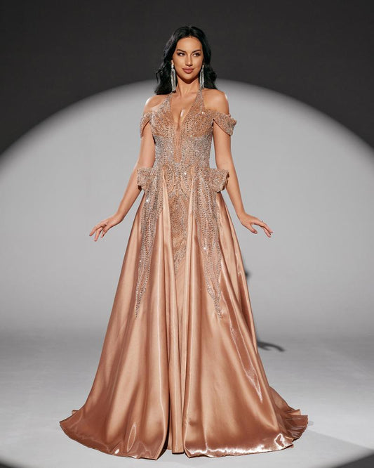 KTX-010707 Elegant Golden Evening Dress for Women - Style EZ25218