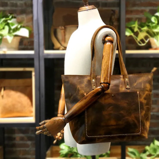 KTX-496979 Vintage Leather Tote Bag – Large Capacity Crazy Horse Leather Handbag for Women