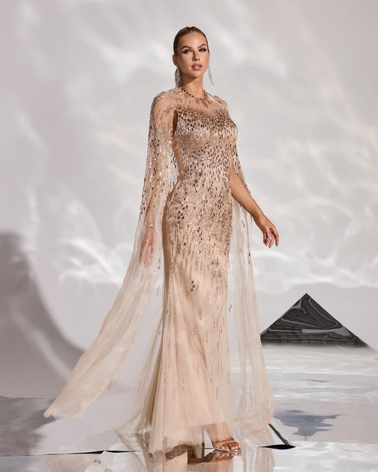 KTX-560851 Elegant Golden Evening Gown for Women - Timeless Style and Comfort