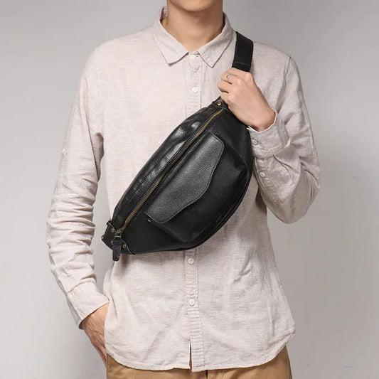 KTX-058451 Men's Genuine Leather Chest Bag in Heavyweight Waxed Canvas - Crossbody Fanny Pack with Large Capacity