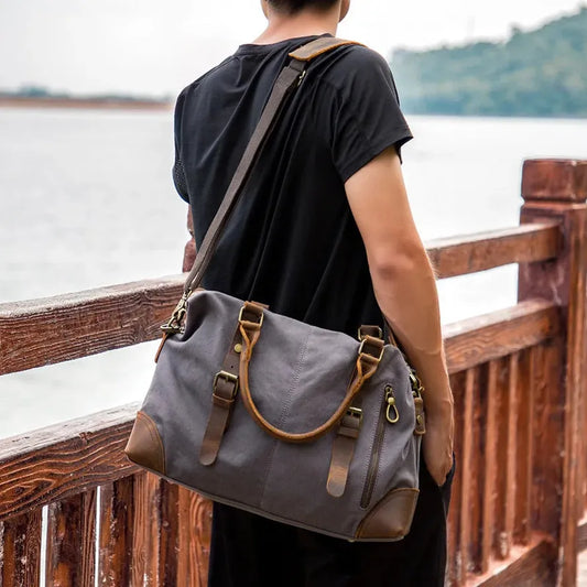 KTX-990803 Men's Casual Canvas Cross-Shoulder Bag with Cowhide Leather for Laptop and Outdoor Travel