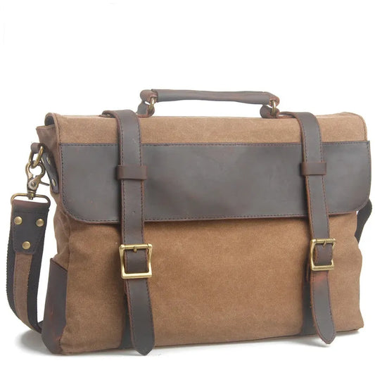 JMT-862666 Leather Messenger Attache Case with Shoulder Strap - Versatile Canvas and Cowhide Design, 39cm x 7.5cm x 28cm