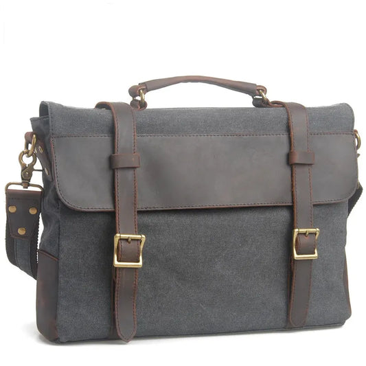 JMT-862666 Leather Messenger Attache Case with Shoulder Strap - Versatile Canvas and Cowhide Design, 39cm x 7.5cm x 28cm