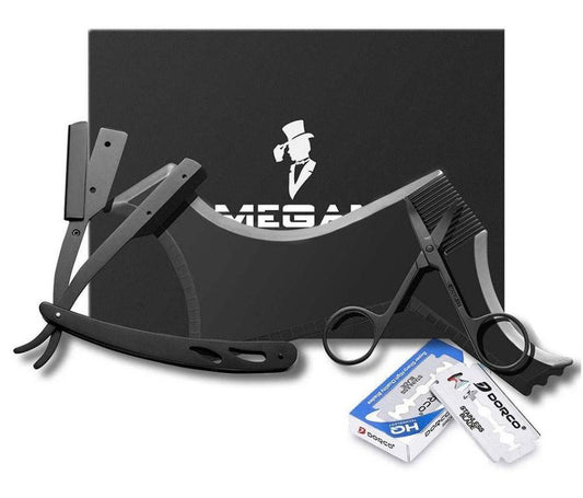 JMT-871562 Black Stainless Steel Shaving Set with Modeling Comb, Razor, Scissors, and Blades in Envelope Box