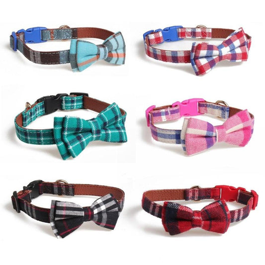 JMT-874442 Bowknot Adjustable Puppy Collar - Lattice Pattern, 100% Cotton & PU Leather, Fits Small to Large Dogs