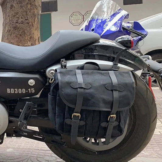 KTX-417747 Custom Waxed Canvas Motorcycle Side Bag - Adventure Dry Pack, Vintage Design, Zipper Closure, 9.6L Capacity