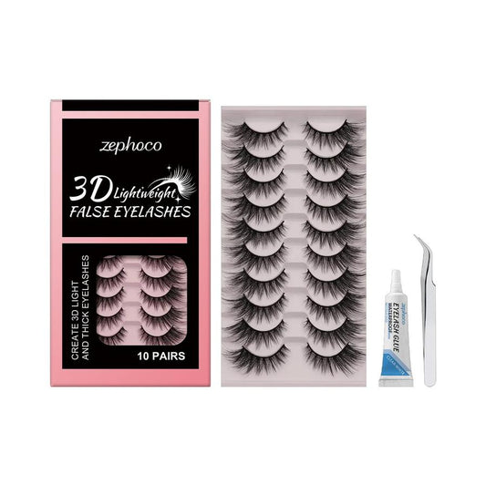 KTX-355027 3D Lightweight False Eyelashes with Tweezers and Eyelash Glue - 10 Pairs