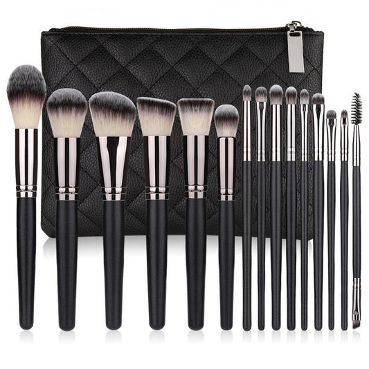 KTX-728659 15-Piece Matte Black Makeup Brush Set with Cosmetic Bag, Nylon Wool and Wooden Handle