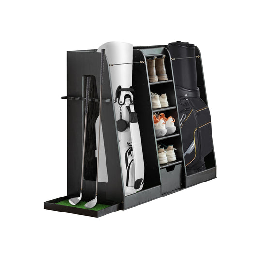 KTX-797779 Wooden Golf Bag Organizer and Storage Rack with Drawers, 2-Bag Holder, Easy Assembly, Black Finish