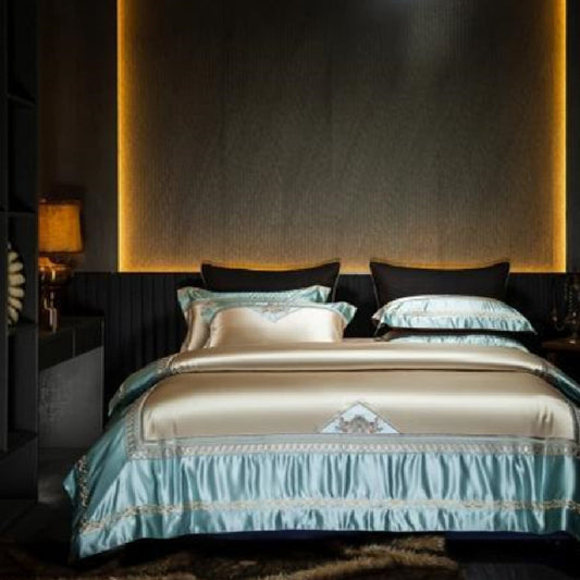 KTX-001107 Silk Cotton Embroidery Four-Piece Bed Set in Solid and Geometric Patterns