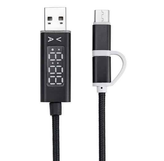 KTX-004307 Dual Micro USB and Type-C Charging Cable with Current and Voltage Display, Nylon Braided Design