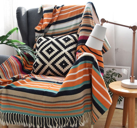 KTX-004563 Indian Striped Tassel Blanket - Acrylic, 130x170cm, National Style for Spring & Autumn