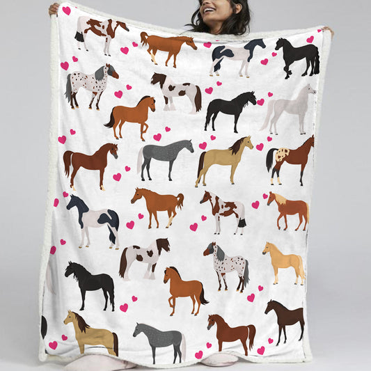 KTX-005395 Soft Lamb Wool Fleece Blanket with Heart and Horse Design - Versatile for Home, Office, and Outdoor Use