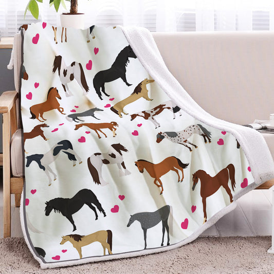 KTX-005395 Soft Lamb Wool Fleece Blanket with Heart and Horse Design - Versatile for Home, Office, and Outdoor Use