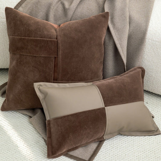 KTX-005715 Vintage Flannel Pillow Cover Set with Rex Rabbit Fur and Suede Accents, Multiple Sizes